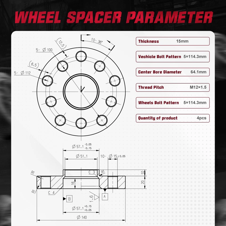 4x 15MM HUBCENTRIC Wheel Spacers for Honda Acura 5x114.3 64.1mm Bore M12x1.5 Foto 2 de 4