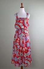 TALBOTS $139 Red Paisley Smocked 100% Cotton A-Line Midi Tank Dress Size 6