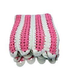 Vintage Handmade Crochet Afghan Blanket Pink White Striped Scalloped Edge 80x64