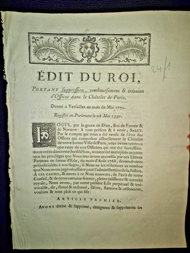 ÉDIT DU ROI 1771 Louis XV Châtelet de Paris Réforme Maupeou Offices Justice Rare