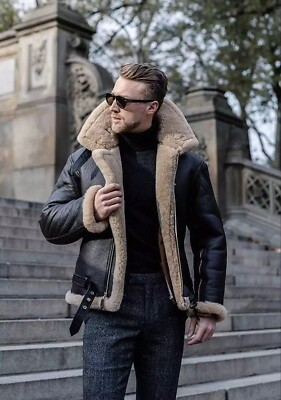 Herren B3 RAF Bomberjacke aus Echtleder mit Lammfell in Schwarz   Fliegerjacke