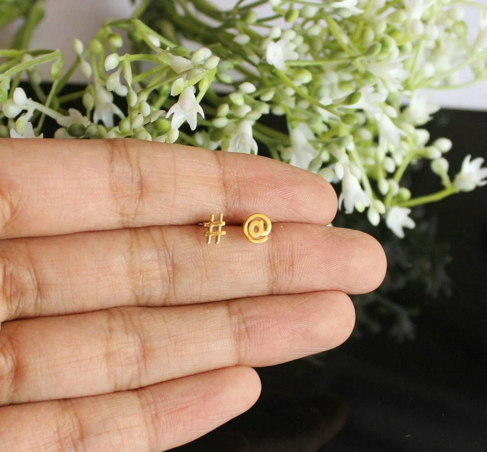 14k Solid Gold Symbol Studs Minimalist Gold Body Piercing Jewelry Nose Ear Stud. - Image 3 of 4