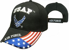 US AIR FORCE WINGS Emblem Logo USA Flag on Bill Cap Hat BLACK LICENSED 