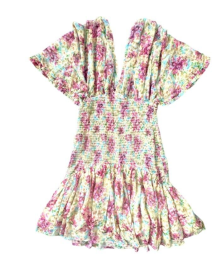 bytimo chiffon dress ByTiMo Multicolor Floral Print Smocked Chiffon V-Neck Mini Dress Size M NWT