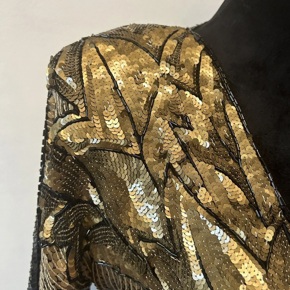 Vestido de Colección Lentejuelas 100% Seda Años 90 Negro Dorado Acanalado Cuello en V Mob Esposa Discoteca Foto 4 de 4