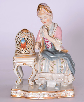 Porzellan Damenfigur, die einen Vogel beobachtet, Dame, Vogelkäfig, Frau