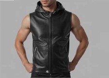 New Mens Black Hooded Leather Vest. Real Soft Lambskin Leather Biker Vest. M