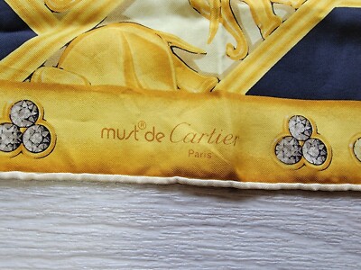 Authentic Must De Cartier Silk Elephants Scarf Black Gold Wrap