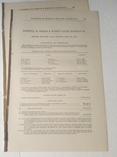 1883 Kansas train report Florence El dorado & Walnut Valley Railroad Douglas KS