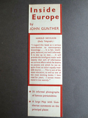 Vintage BOOKMARK John Gunther INSIDE EUROPE Hamish Hamilton 1930s Book Promo