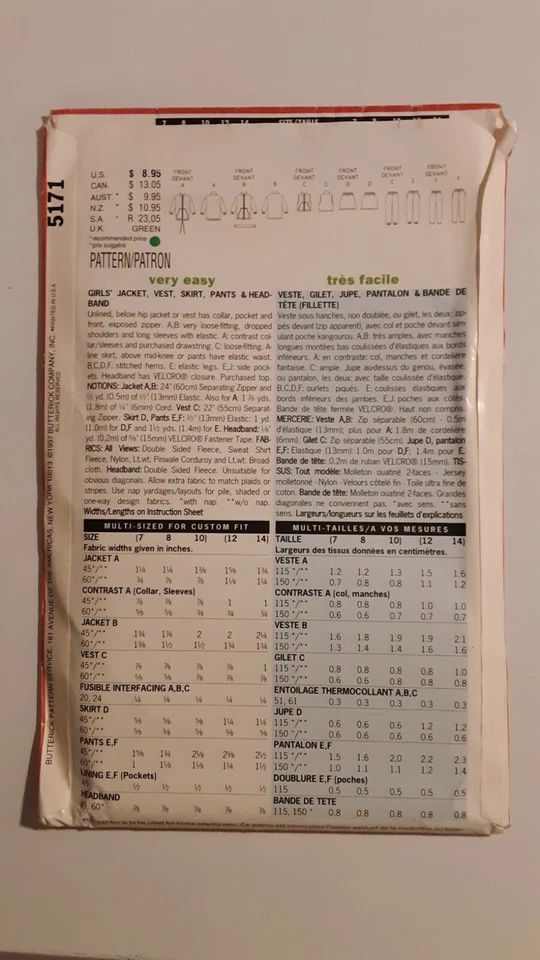 BUTTERICK #5171 GIRLS SIZE 12-14 JACKET VEST SKIRT PANTS HEADBAND PATTERN UC - Image 2 of 4