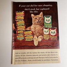 Anuncio impreso de comida para gatos Friskies 1966 vintage clavel nutrición variedad solo anuncio