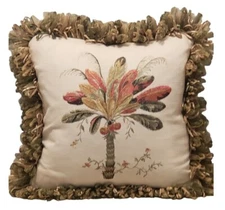Vintage Embroidered Palm Tree 15”x 15” Throw Pillow With Ribbon Trim