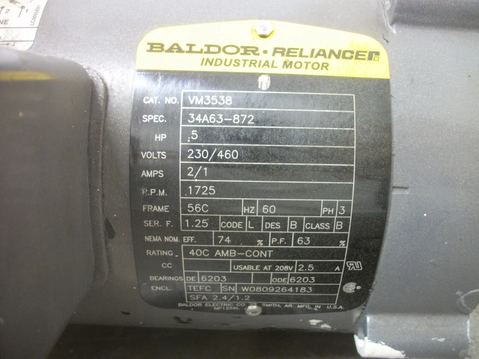 BALDOR 1/2HP 56C TEFC AC MOTOR VM3538 460VOLT 3PH 1725HP - Image 4 of 4