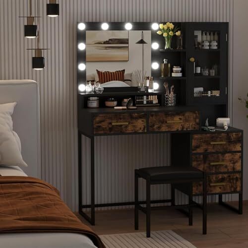 GAOMON 53.5" Large Vanity Desk with Bench Makeup Vanity with Rustic