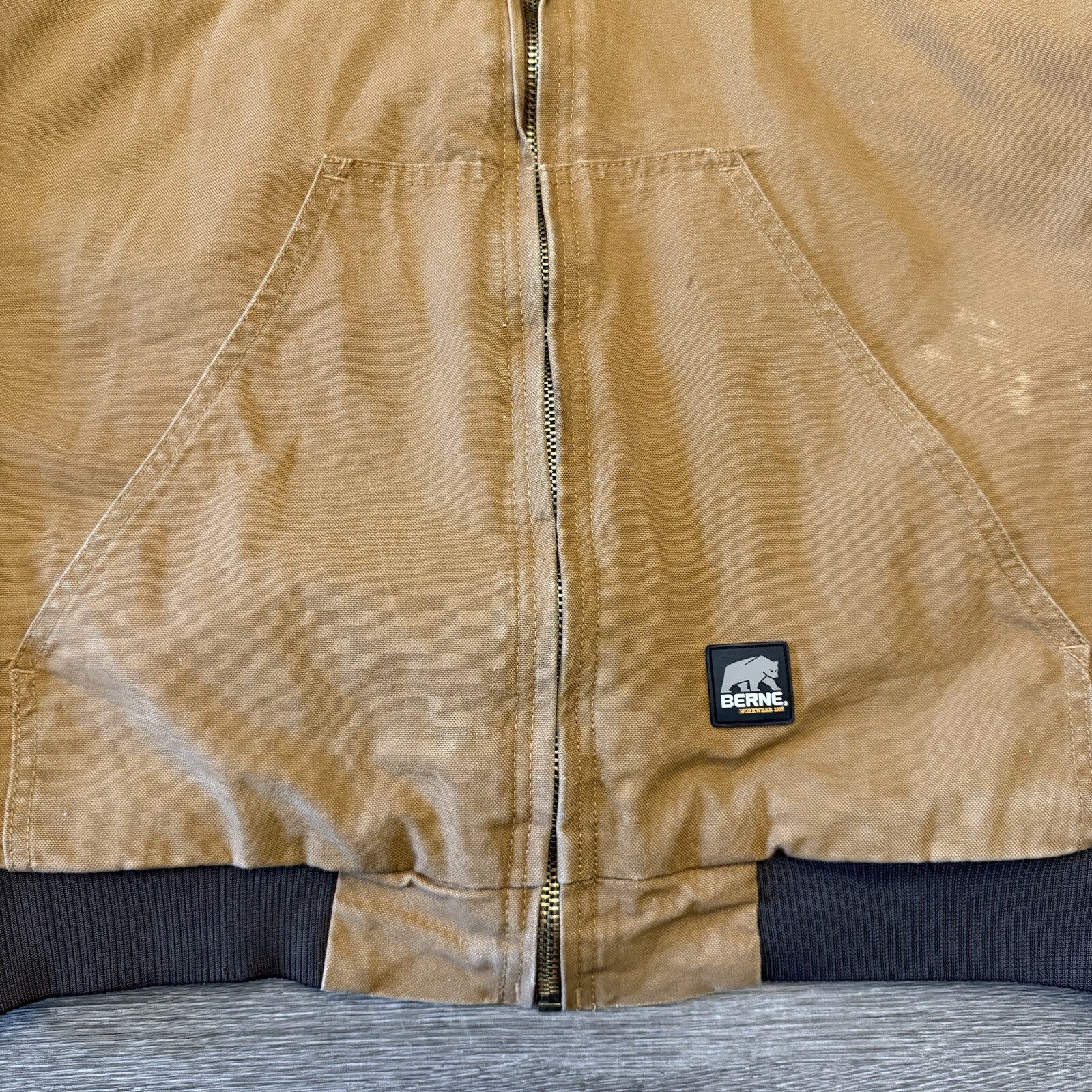 Berne Workwear Canvas Quilt Lining Hooded Jacket Brown Work Heavy Sz Large *READ