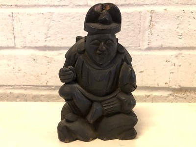 Vintage Antique Asian Wooden Hotei Statue Holding Fish