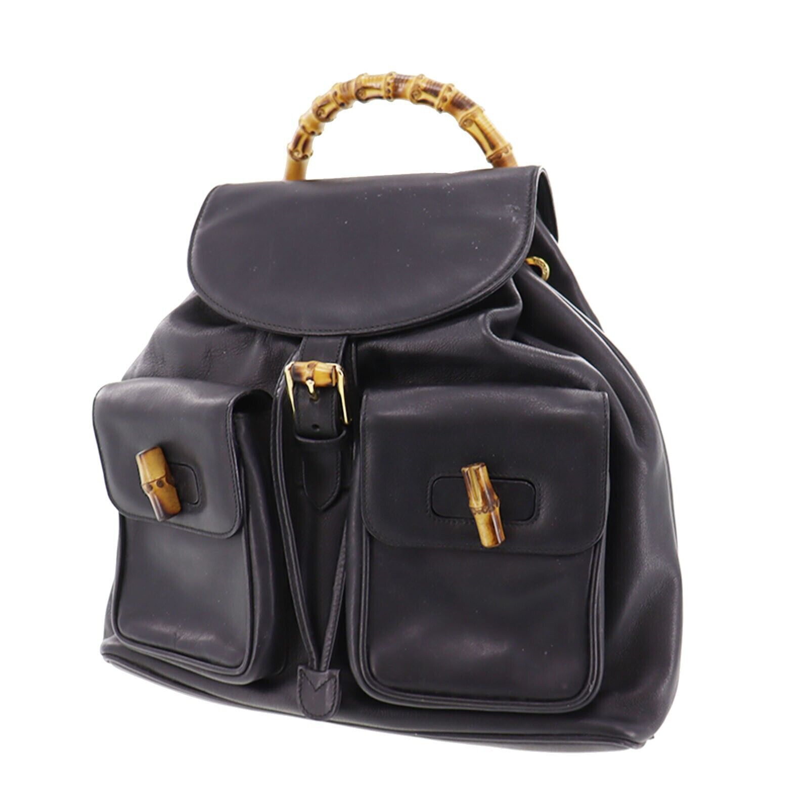 GUCCI Bamboo Used Backpack Handbag Black Leather Vintage #CE770 S