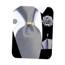 5PCS Mens Silk Tie, Pocket Square, Cufflinks, Drilled Silver Gray Tie Set -105