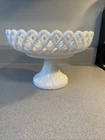 Vintage White Milk Glass Open Lattice Decorative Intricate Bowl Pedestal Compote