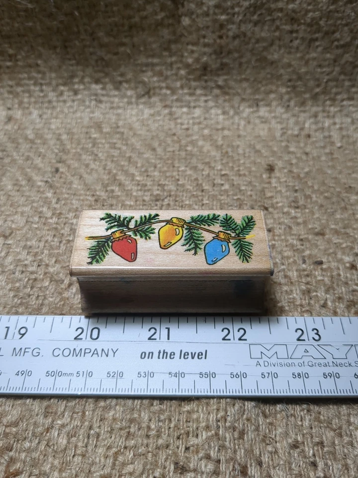 Sello de goma montado en madera luces navideñas 643e 1990 medios nocturnos artesanía vintage Foto 3 de 4