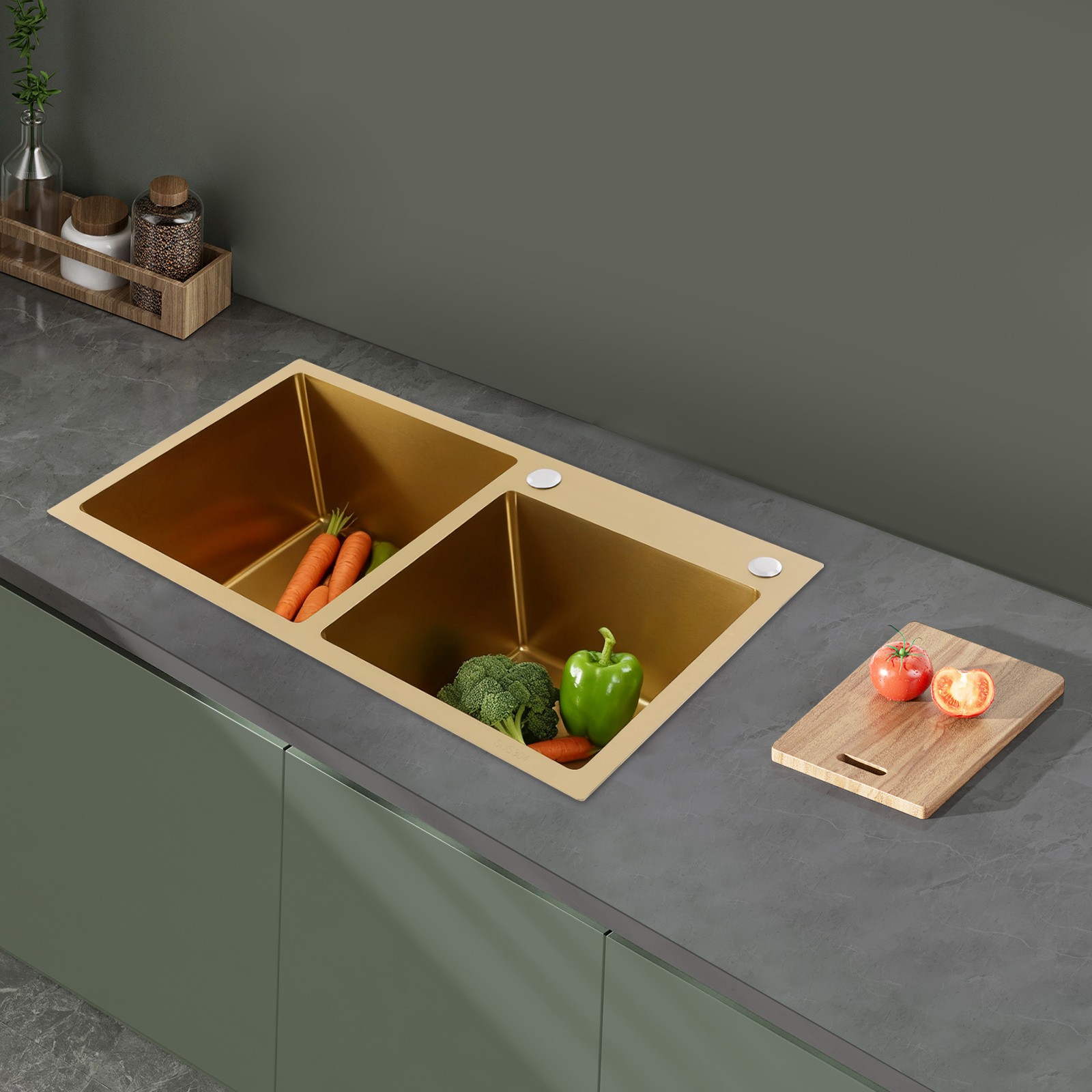 Undermount Double-Bowl Kitchen Sink, Multifunctional Stainless Steel Sink, Gold