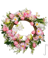 Spring Summer Wreath for Front Door 20”, Artificial Flower Door Wreath with Pink