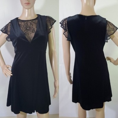 ZARA Basic Black Velvet Crochet Floral Lace Sleeve Fit & Flare Knee Length Dress