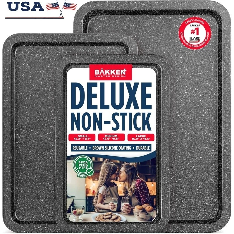 Nonstick Carbon Steel Cookie Sheet Set 3 Piece Baking Pan Durable Bakeware New
