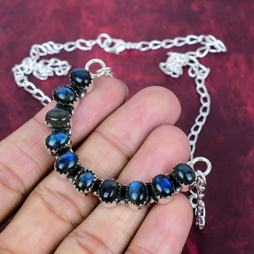 Collar de meditación de plata de acero 925 hecho a mano con piedras preciosas de labradorita joyería Foto 3 de 4