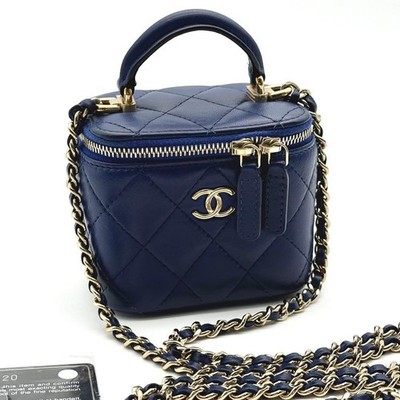 Chanel Lambskin Vanity Shoulder Bag Navy Matelasse Mini Chain Top Handle r0_0405