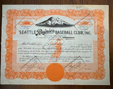 Seattle Rainier Baseball Club stock certificate 1947 Washington state Emil Sick