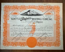 Seattle Rainier Baseball Club stock certificate 1947 Washington state Emil Sick