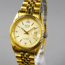 ELGIN Vintage DATE QUARTZ FK-343-A Men's Watch 35mm Gold New Battery