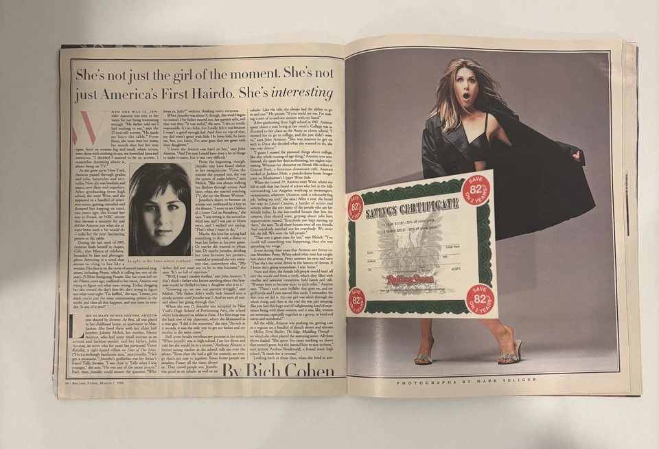 Rolling Stone #729 (Mar 7 1996) Jennifer Aniston/POTUS/Fugees/Yoko/Prince advrt Foto 4 de 4