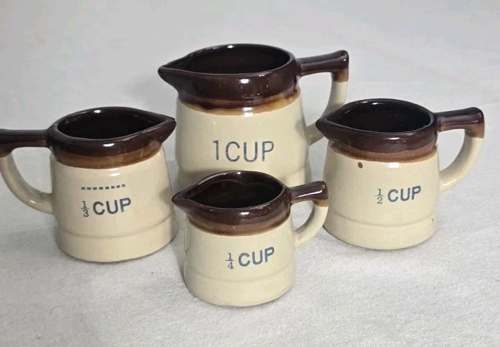 Vintage Brow Stoneware Measuring Cups Ceramic Bakeware Cooking Calculating Retro