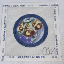 Joy Winter Christmas Bells Handpainted Needlepoint Canvas 4.25 Circle 18ct mesh