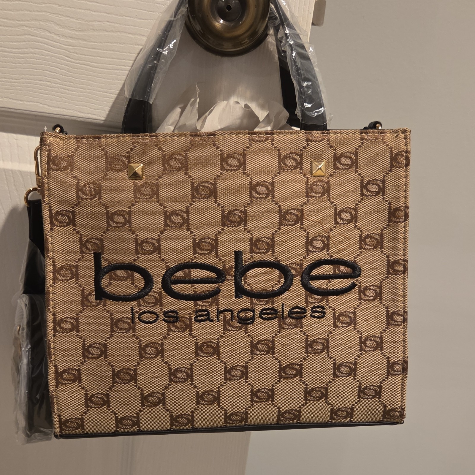 bebe Satchel/Top Handle Bag Beige Brown Logo Gold Hardware Studded Accent Detac…