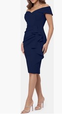 NWT $229 Xscape Sz 8 Petite Ruffle Scuba Off the Shoulder Cocktail Midi Dress