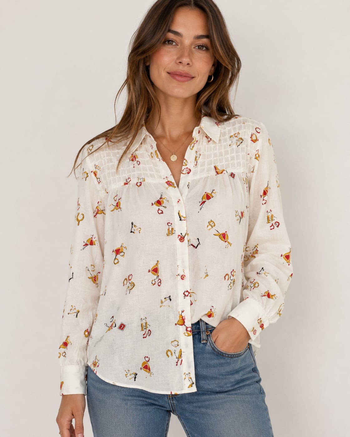 Anthropologie Conversations 15 of 52 Limited Edition Equestrian Print Button-Up