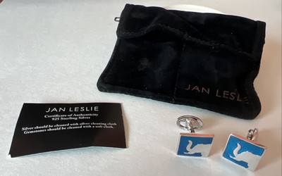 Jan Leslie Blue Enamel Sterling Silver Elephant Cufflinks w/Pouch 925