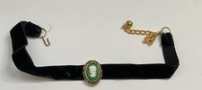 Vintage Black Velvet Choker Green White Cameo, Gold Tone Setting 15"