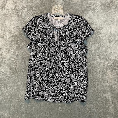 LOFT Women Mixed Media Monogram Floral Office Career Flutter Sleeve Tie Top S