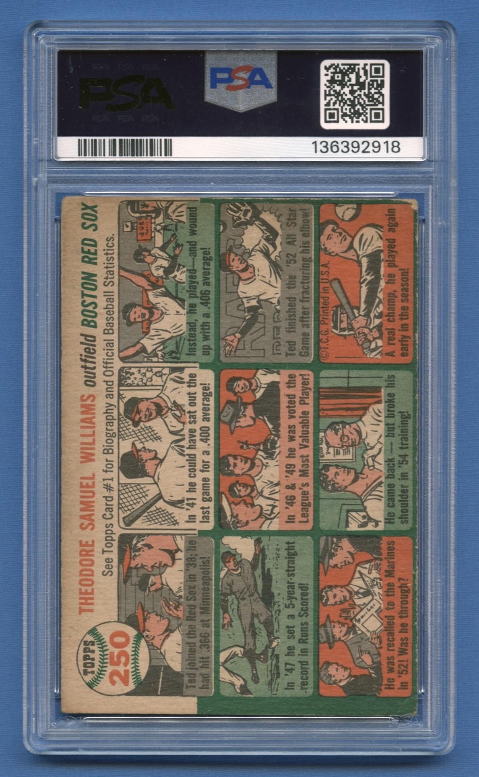 1954 TED WILLIAMS PSA 2 GOOD TOPPS HOF BOSTON RED SOX COLOR VINTAGE (#250) RZC view 2
