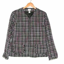 Chico's Tweed Fringe Jacket Black Blazer Large lined black pink pockets