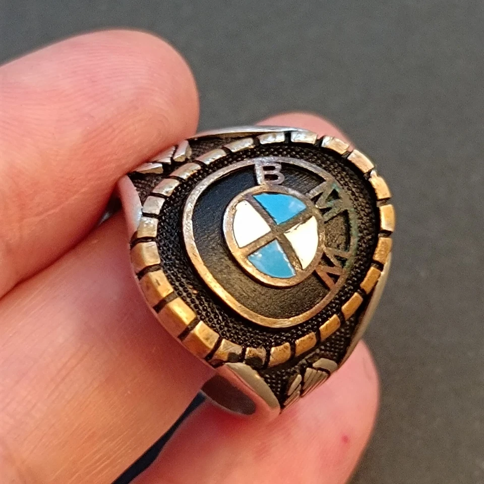 Anel masculino de prata emblema azul sinete redondo ousado 10,25 vintage piloto 925 presente - Imagem 4 de 4