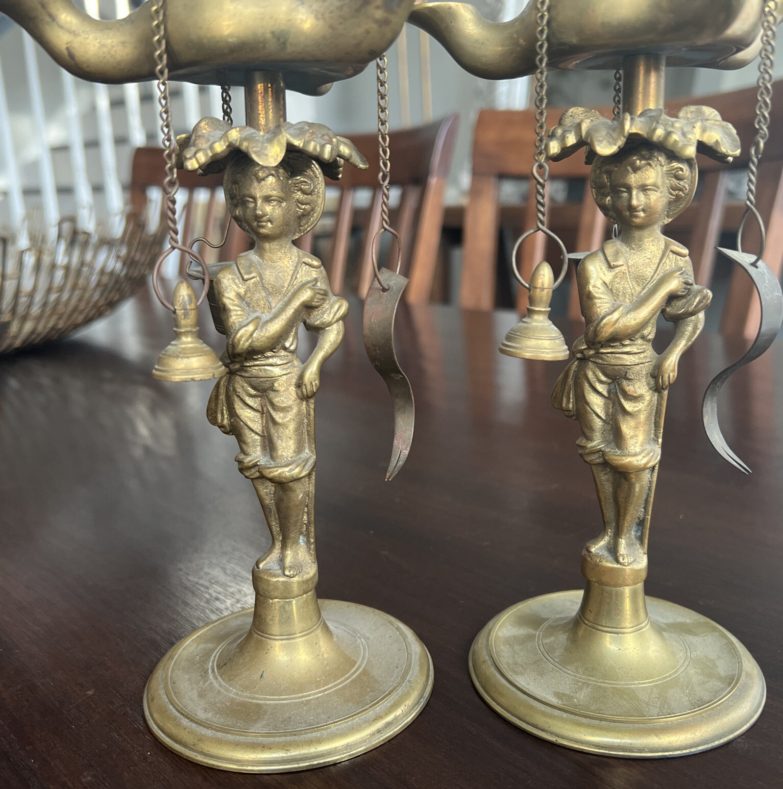 Antique Lucerna Brass over Bronze? Oil Burner Incense w/Figure, Grapes PAIR-image