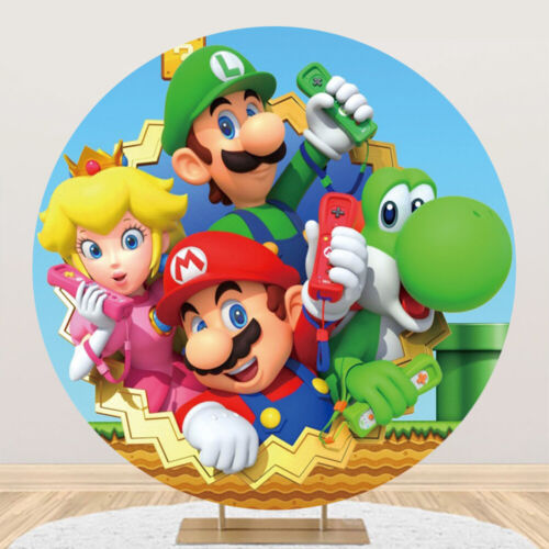 Round Super Mario Backdrop Cover Circle Birthday Party Photo Background Banner - Picture 1 of 10
