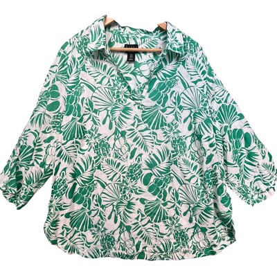 Nicole Miller Green White Linen Tropical Print Blouse 1X