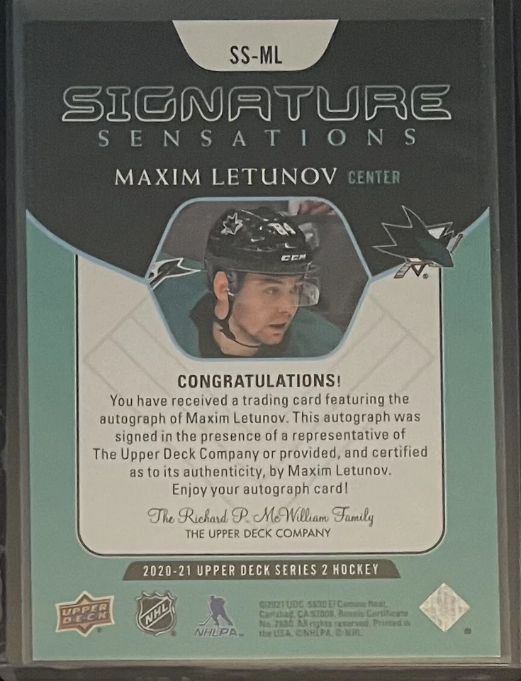 2020-21 UD Series 2 UD Signature Sensations Auto #SS-ML Maxim Letunov - Sharks - Image 2 of 2
